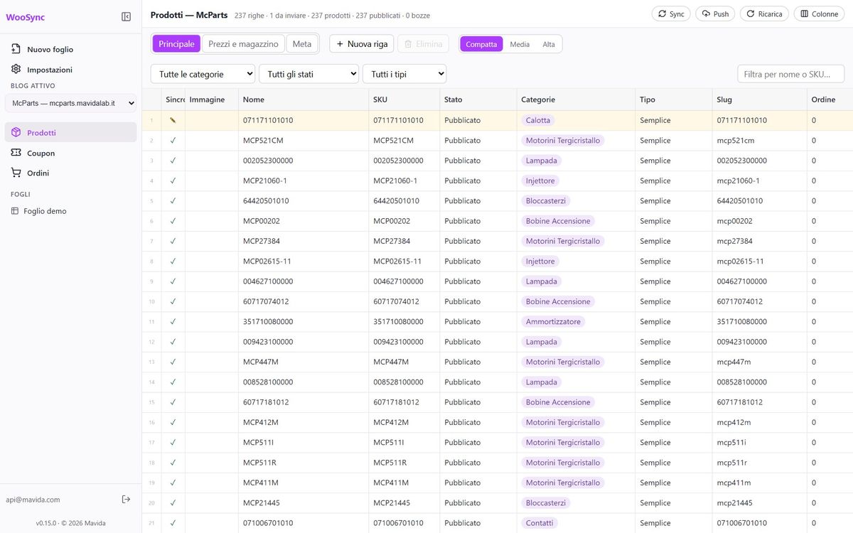 Schermata di WooSync: Il pannello per gestire il tuo negozio WooCommerce come se fosse un foglio Excel.